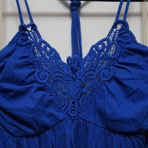 Blue Above the Knee Halter Sundress with Lace
